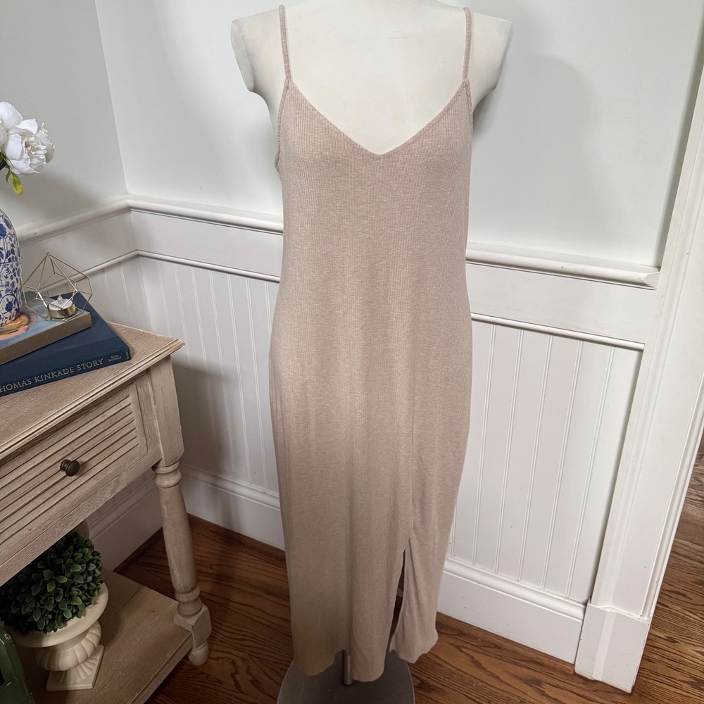 Abercrombie & Fitch Tan Ribbed Midi Cami Dress XL Side Slit Beige V-Neck Bodycon